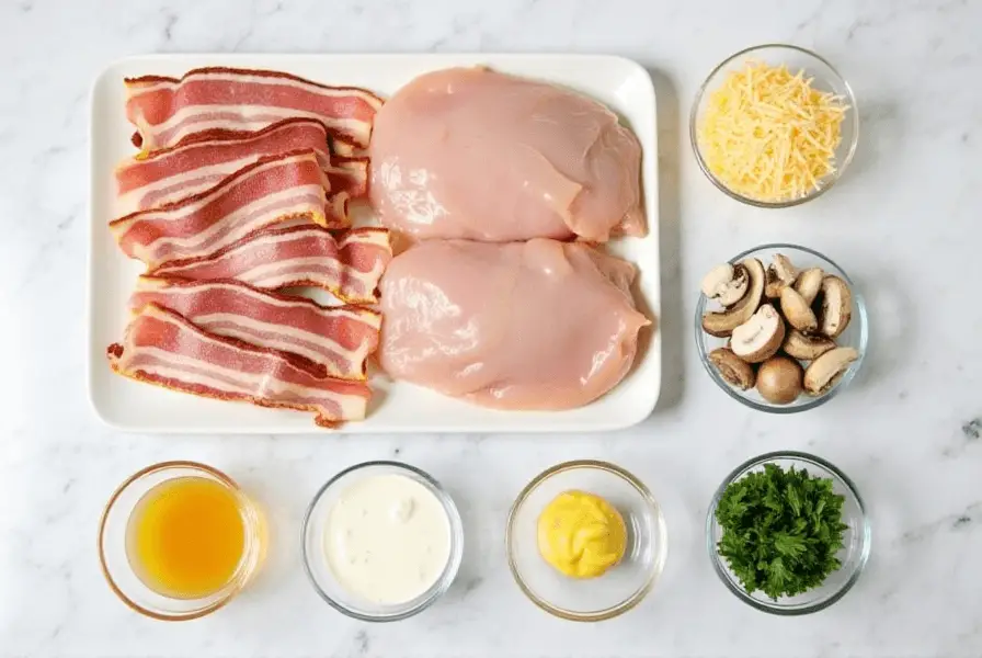 Ingredients for Alice Springs Chicken, including chicken breasts, bacon, cheese, mushrooms, and honey mustard sauce ingredients.