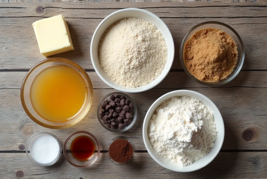 Ingredients for Nestle chocolate chip cookies, including butter, sugars, eggs, flour, and chocolate chips, on a wooden surface.