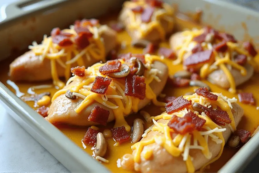 Assembled Alice Springs Chicken with mushrooms, bacon, and cheese, ready for baking