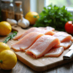 Thin sliced chicken recipes breasts on a wooden cutting board with fresh vegetables and spices, ready for cooking