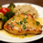 Lemon Garlic Chicken with golden-brown slices drizzled with lemon sauce and garnished with parsley.