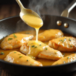 Chicken Piccata topped with capers and lemon butter sauce, served with spaghetti.