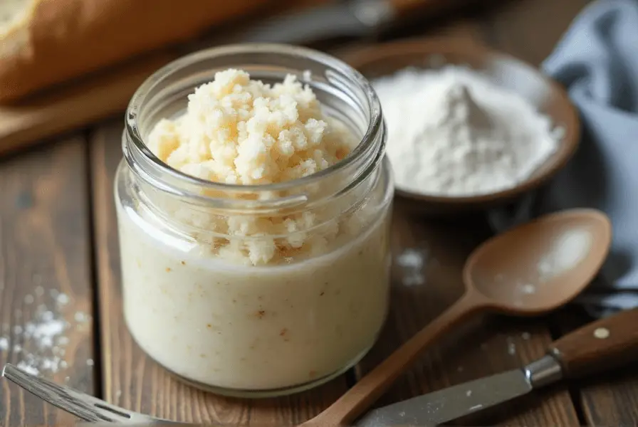 Active sourdough starter bubbling in a glass jar with flour and a spoon on a rustic wooden table.