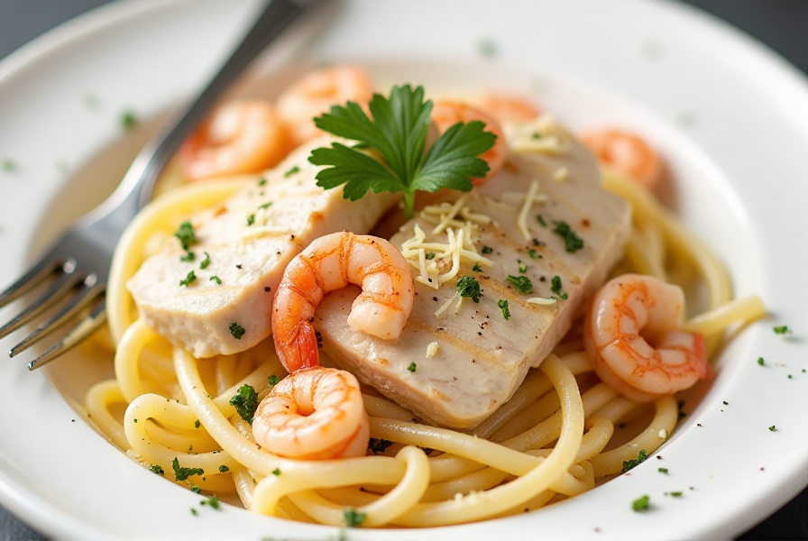 Chicken and shrimp Alfredo pasta in a white bowl, garnished with parsley and Parmesan cheese.