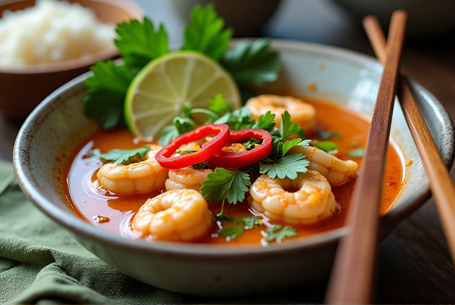 Thai coconut soup with chicken, shrimp, cilantro, and chili slices served with jasmine rice.