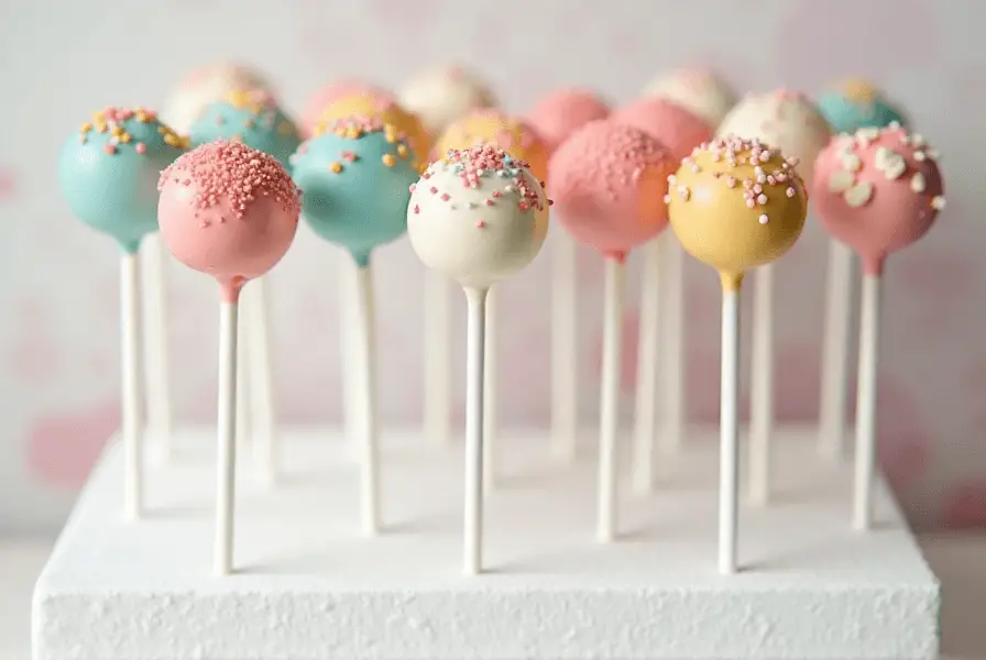 Decorated cake pops standing upright with colorful sprinkles and drizzle designs, ready for a party