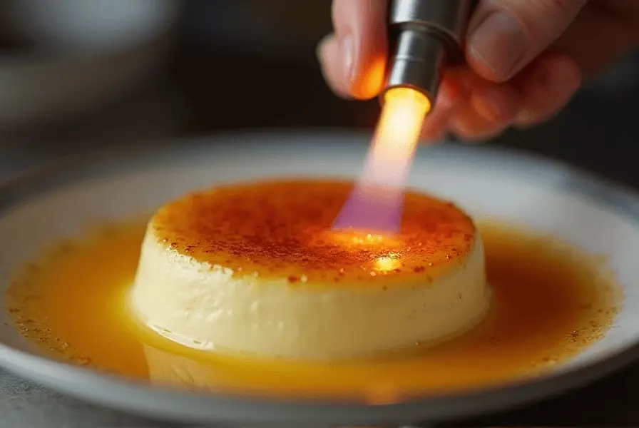 Crème Brûlée Serving Temperature Chef caramelizing crème brûlée sugar topping with a blowtorch.
