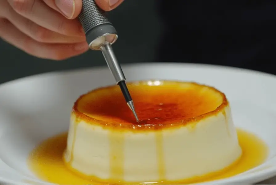 Chef using a torch to caramelize sugar on top of crème brûlée.