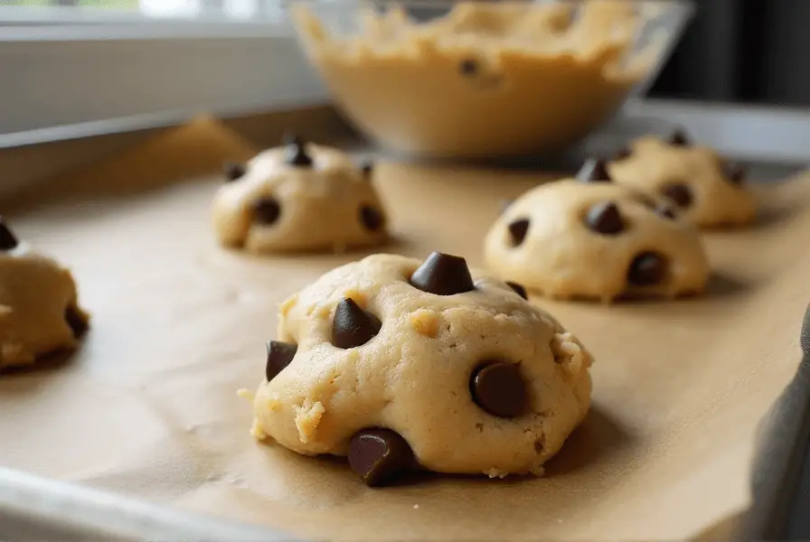 Tates Chocolate chip cookie dough scooped onto a parchment-lined baking sheet, ready for the oven.