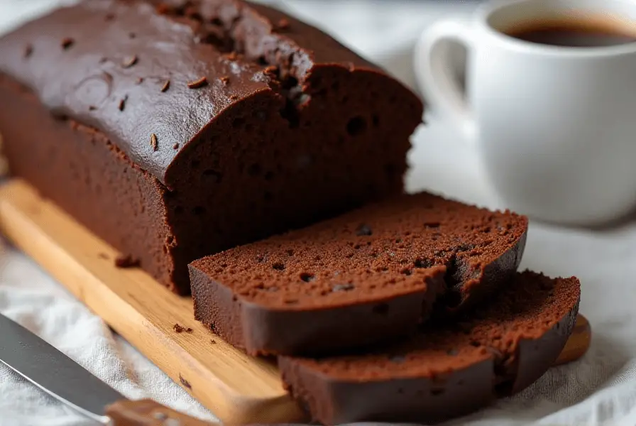 Moist chocolate pound cake being sliced, showcasing its rich texture