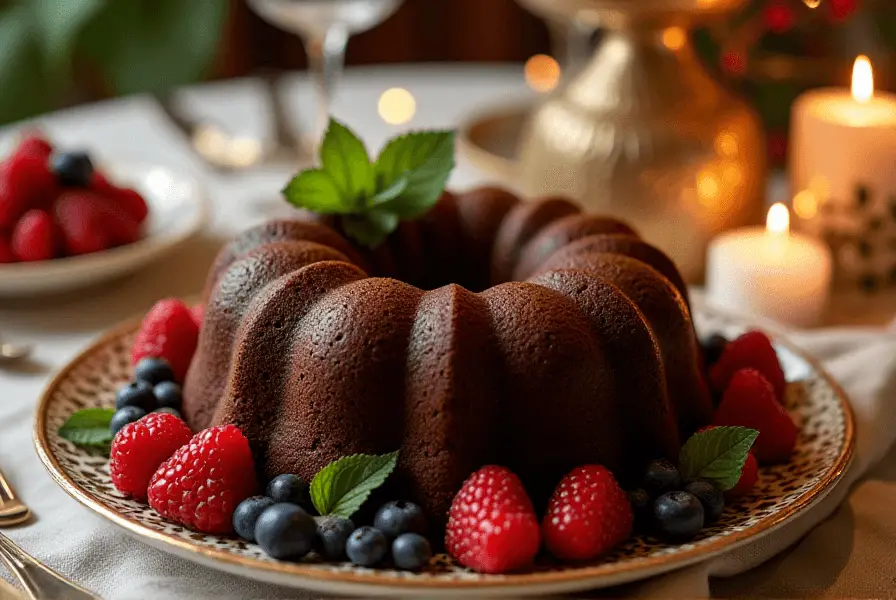 Chocolate pound cake on a platter garnished with fresh berries and mint leaves.