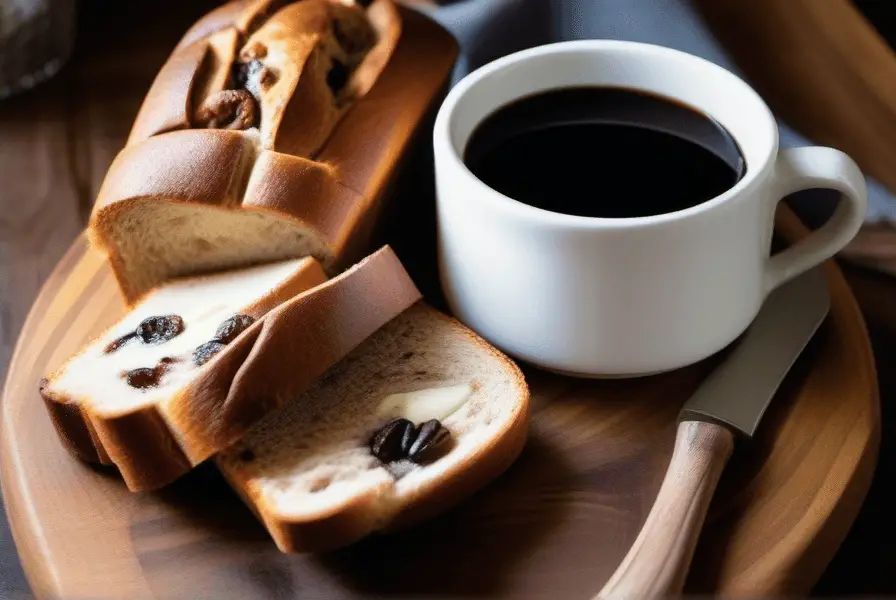 Sliced cinnamon raisin bread on a wooden board with butter and coffee
