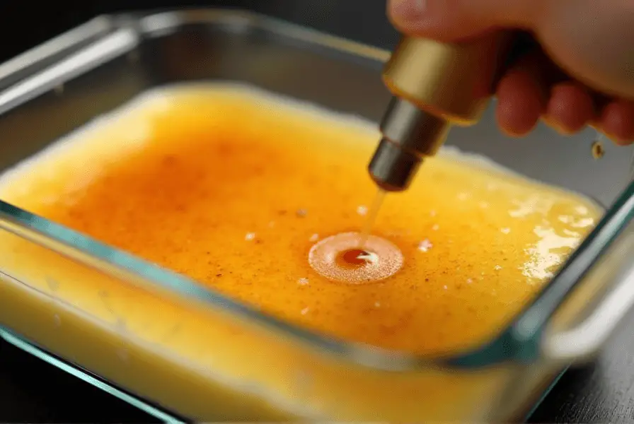 Various cookware options for crème brûlée: Pyrex, ceramic ramekins, and metal dishes