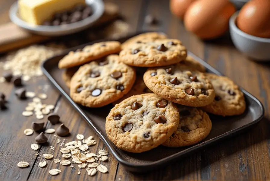 Freshly baked oatmeal chocolate chip cookies cooling on a wire rack.