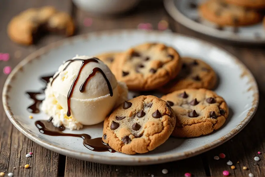 Nestle chocolate chip cookies served with vanilla ice cream and chocolate syrup on a rustic wooden table.
