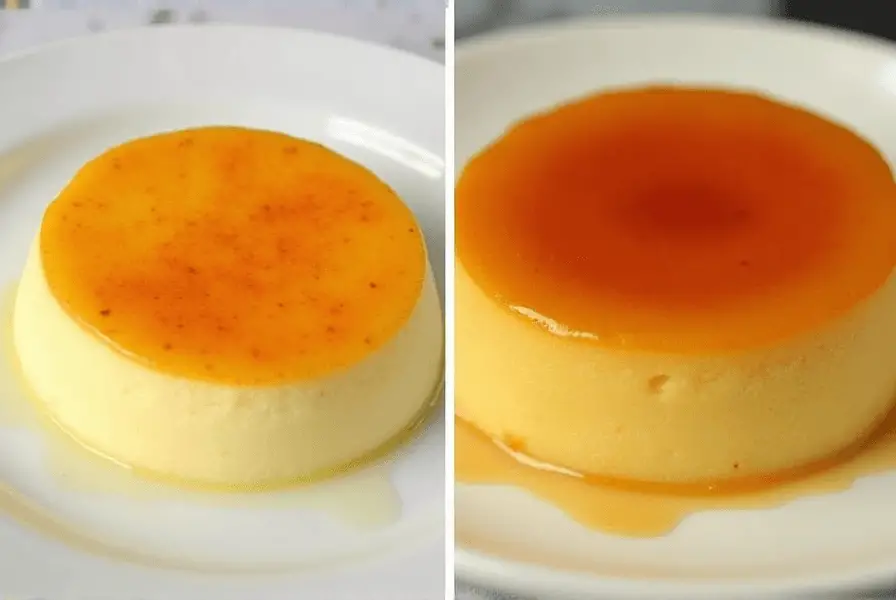 Side-by-side comparison of crème brûlée with a hard caramel crust and flan with a soft caramel topping.