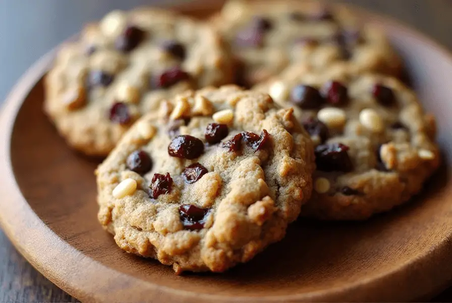 Customized oatmeal chocolate chip cookies with walnuts and cranberries on a wooden plate