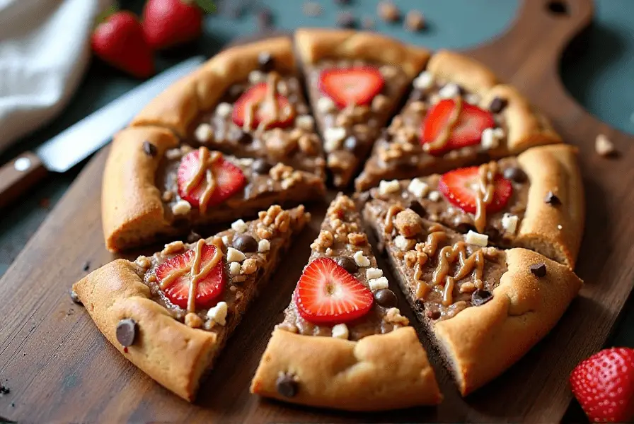 Decorated chocolate chip pizza cookie with caramel drizzle, nuts, and strawberries sliced into wedges