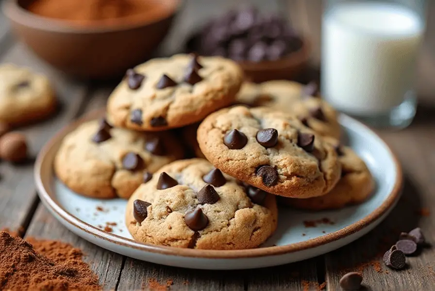 Freshly baked double chocolate chip cookies with fudgy texture.