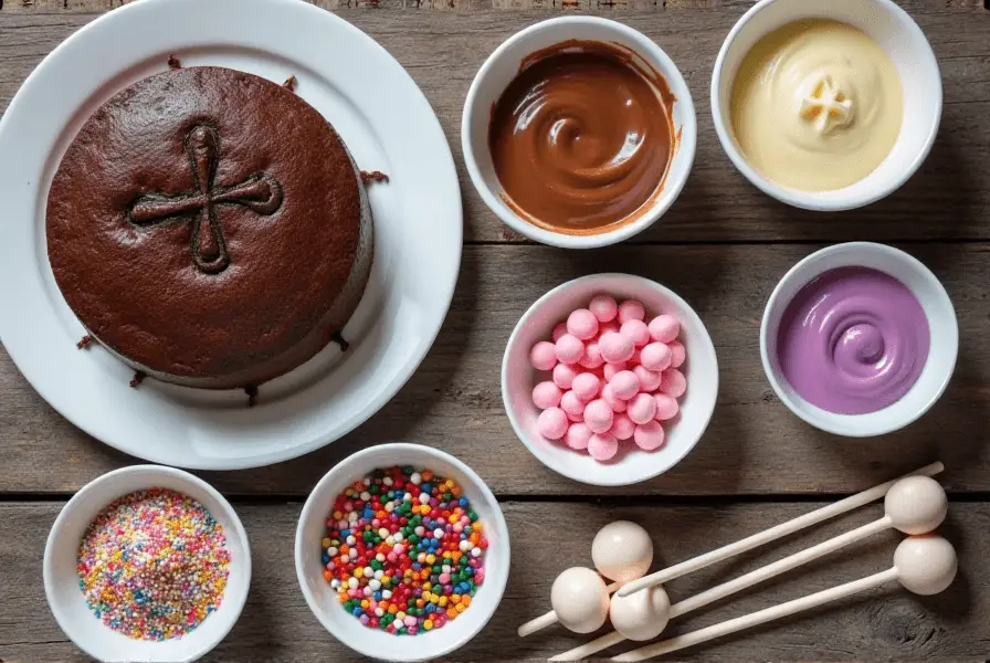 Flat lay of starbucks cake pop recipe ingredients including a chocolate cake, frosting, candy melts, sprinkles, and sticks on a wooden table.