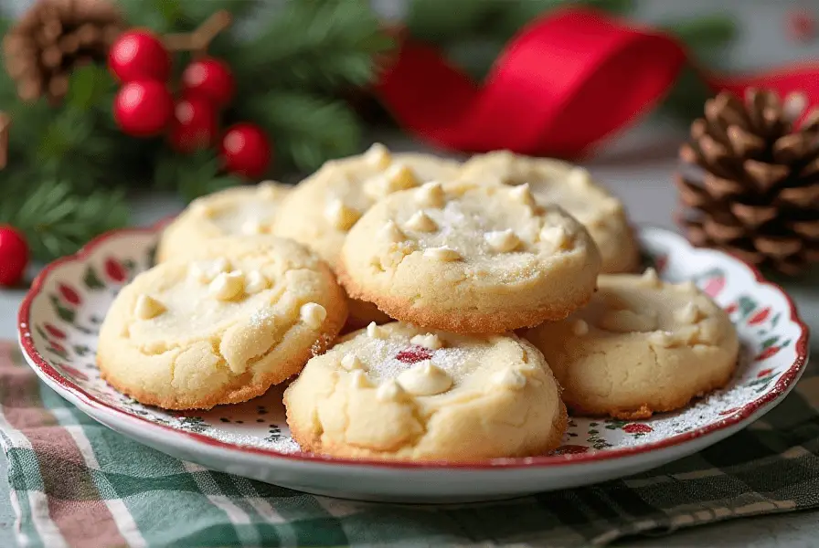 White chocolate chip cookies on a festive holiday plate with cranberries and ribbons.
