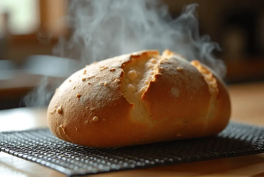 Freshly baked sourdough sandwich bread cooling on a wire rack in a warm kitchen setting