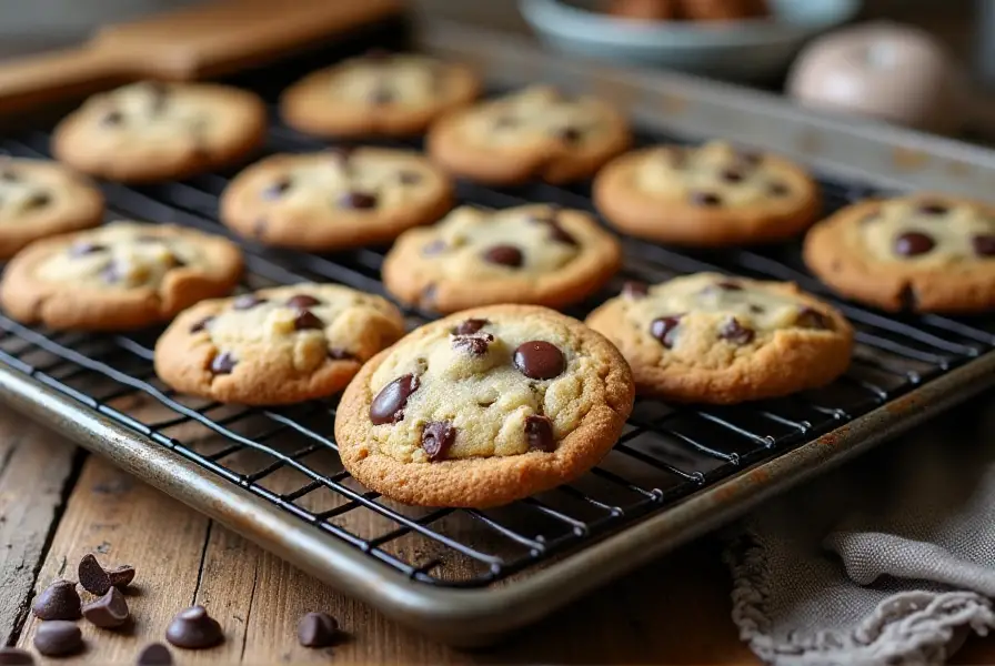 Freshly baked chocolate chip cookies cooling on a wire rack with chocolate chips on a rustic counter