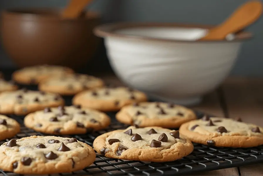 Freshly baked Nestle chocolate chip cookies cooling on a rack in a cozy kitchen