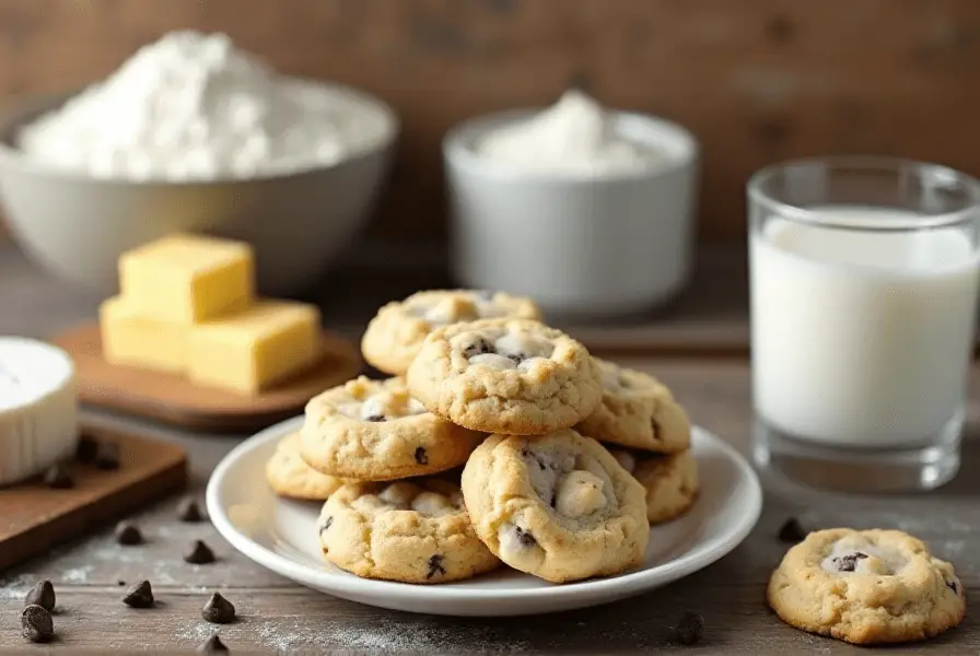 Freshly baked nestley white chocolate cookies chip on a plate with baking ingredients in the background.