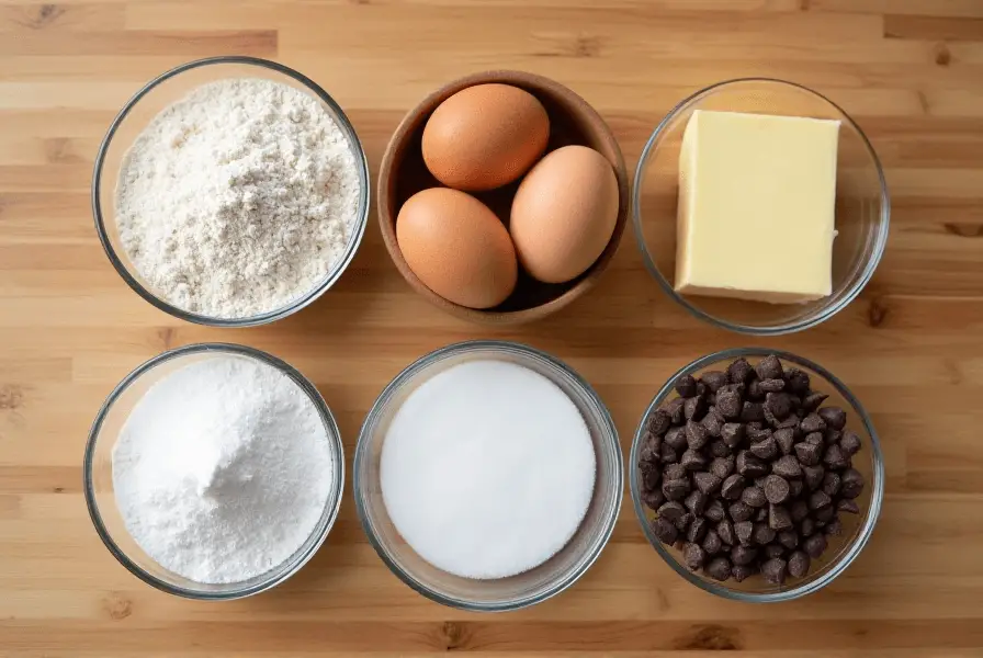 Ingredients for a half batch of Nestle chocolate chip cookies arranged on a wooden countertop