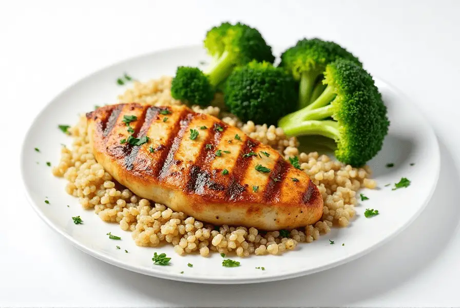 Grilled chicken recipe breast with quinoa and broccoli for a healthy meal.