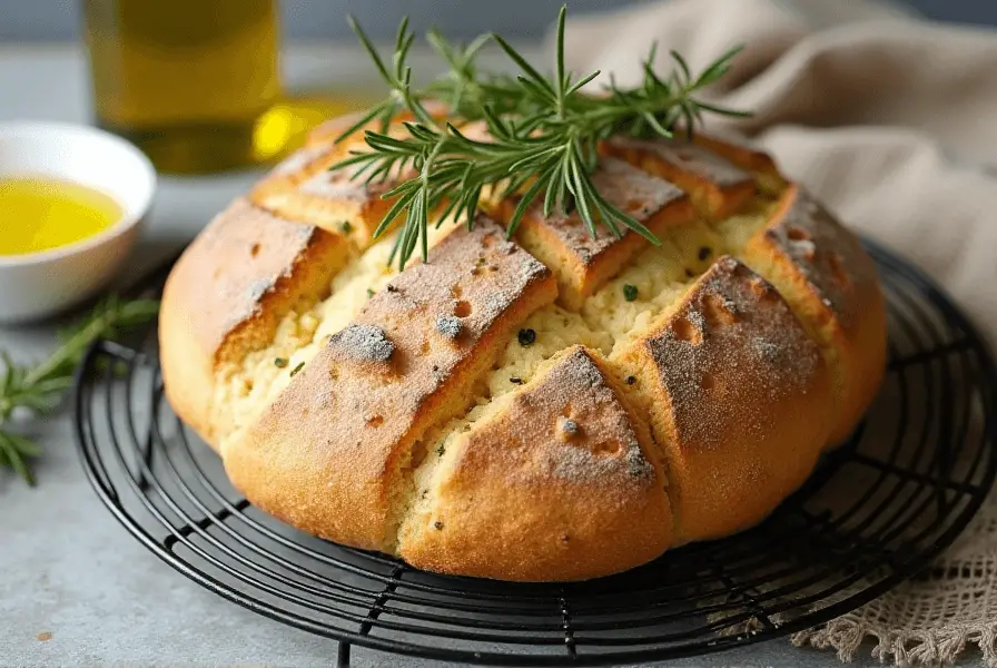  Herb-infused cottage cheese bread loaf cooling on a rack with rosemary and olive oil.