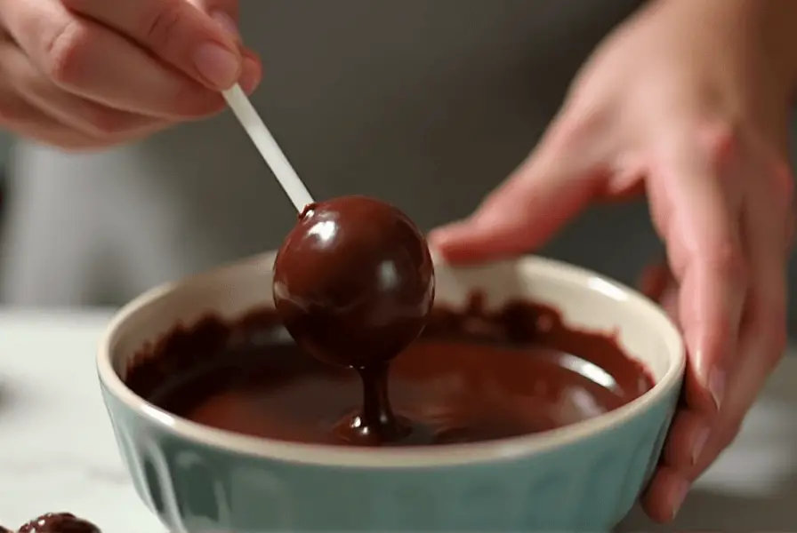 Hands dipping a cake pop into melted chocolate, showcasing the smooth coating process.