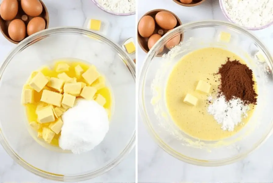 Mixing bowl with creamed butter and sugar, surrounded by chocolate pound cake Recipe ingredients.