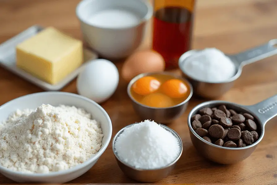 Ingredients for Nestle pizza Cookie Chocolate Chip including chocolate chips, butter, eggs, and flour on a wooden countertop