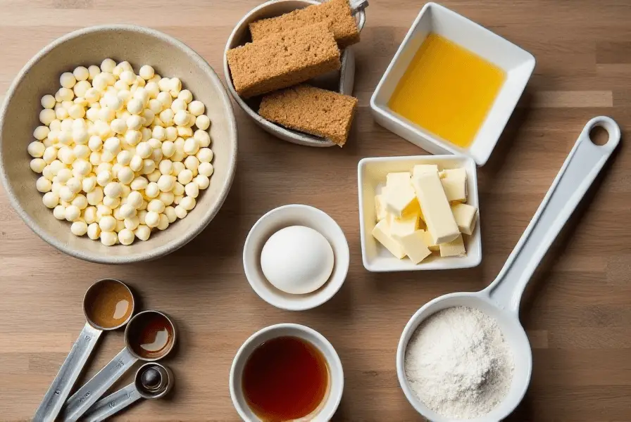 Flat lay of white chocolate chip cookie ingredients on a wooden countertop