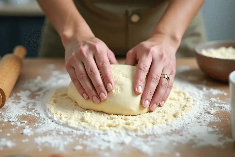 Hands kneading cottage cheese bread dough Recipe on a floured surface with baking tools.