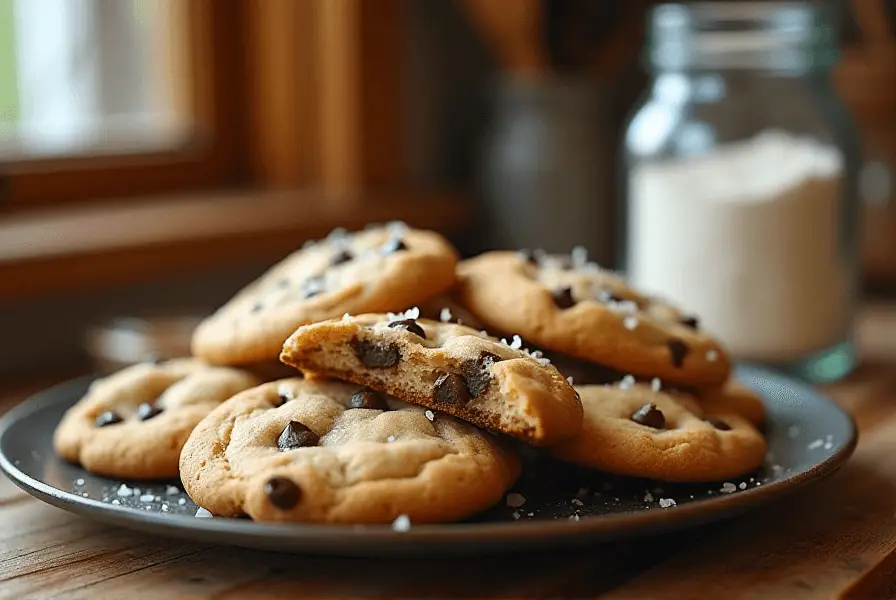 Golden brown chocolate chip cookies cooling on a wire rack.