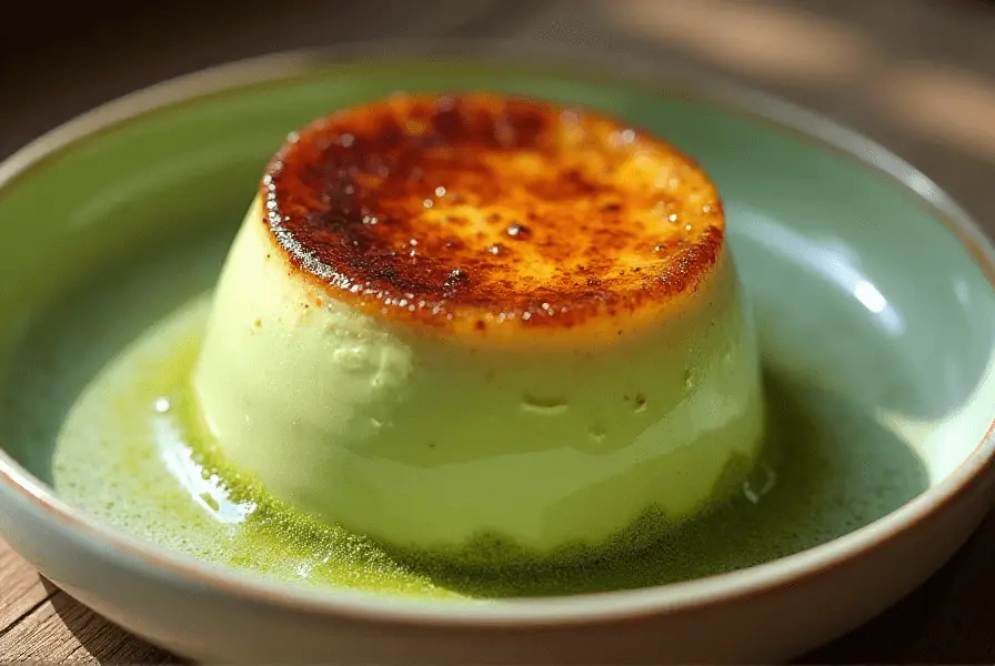 Matcha-infused crème brûlée with caramelized sugar crust.