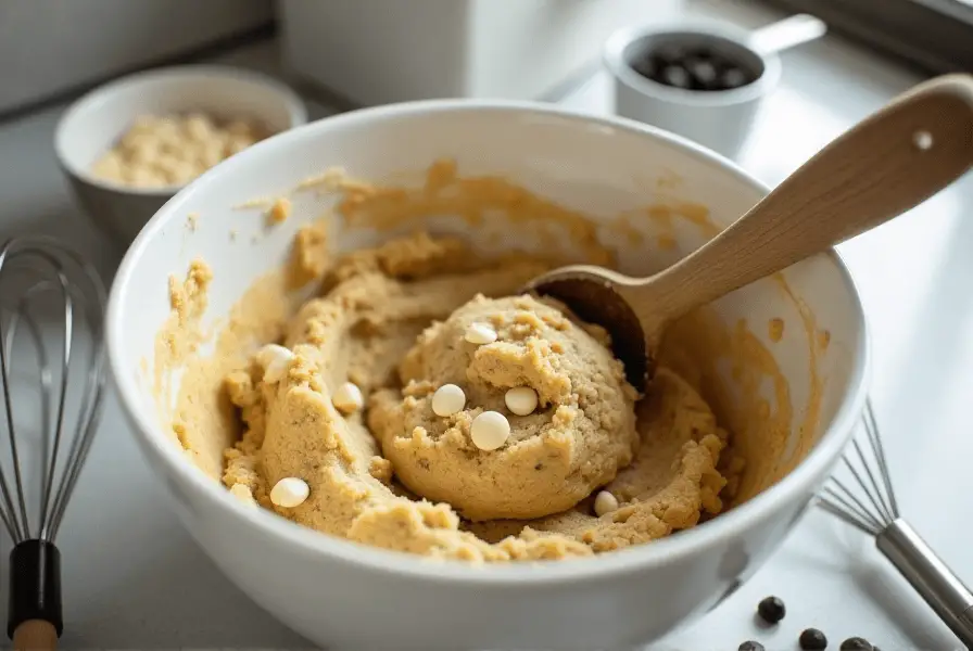 White chocolate chip cookie dough being mixed in a bowl