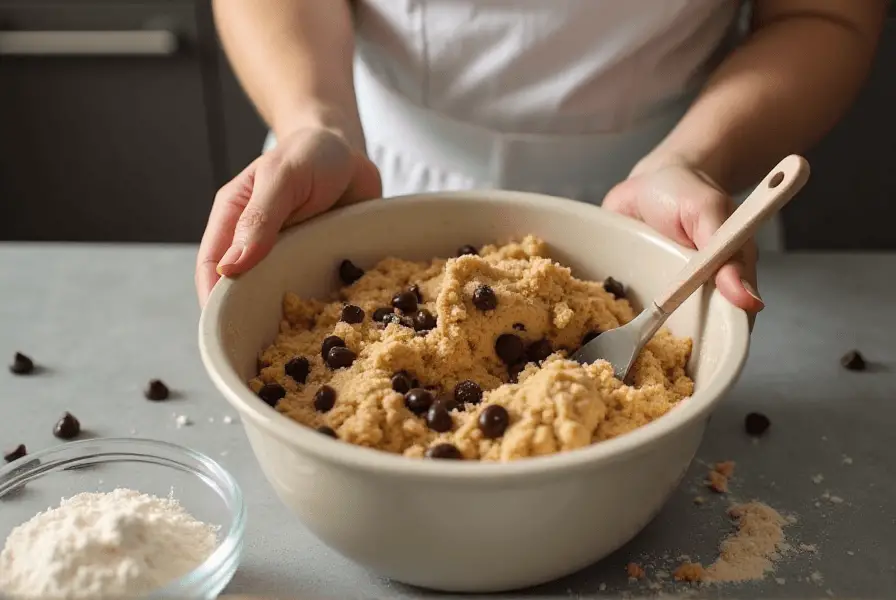 Mixing Toll House cookie dough with chocolate chips.