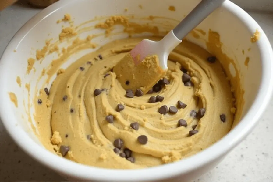 Freshly prepared cookie dough with chocolate chips in a mixing bowl.