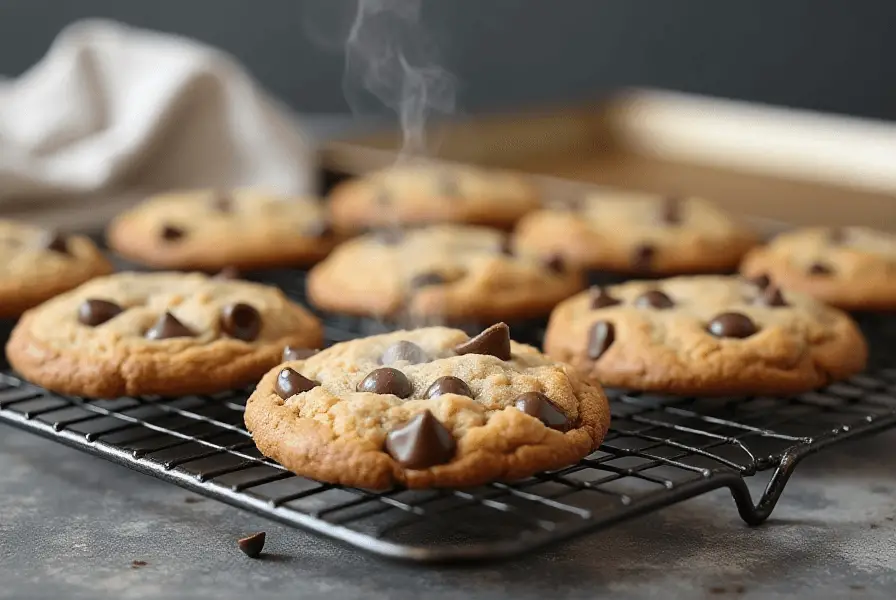 Freshly baked Nestle chocolate chip cookies cooling on a wire rack with melted chocolate chips