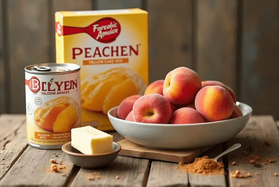 Ingredients for peach cobbler with cake mix, including canned peaches, yellow cake mix, butter, and spices