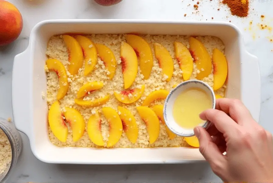 Layering peaches and sprinkling cake mix for a peach cobbler recipe with cake mix.