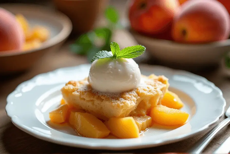 Peach cobbler served with vanilla ice cream and a sprig of mint on a white plate.
