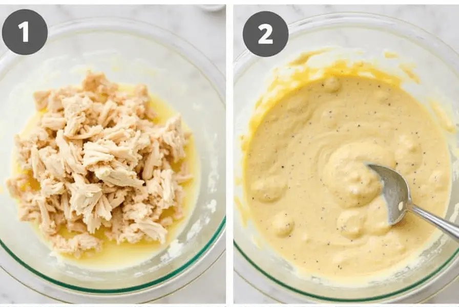 Step-by-step preparation of Chicken Salad Chick recipe, mixing shredded chicken with creamy mayo base