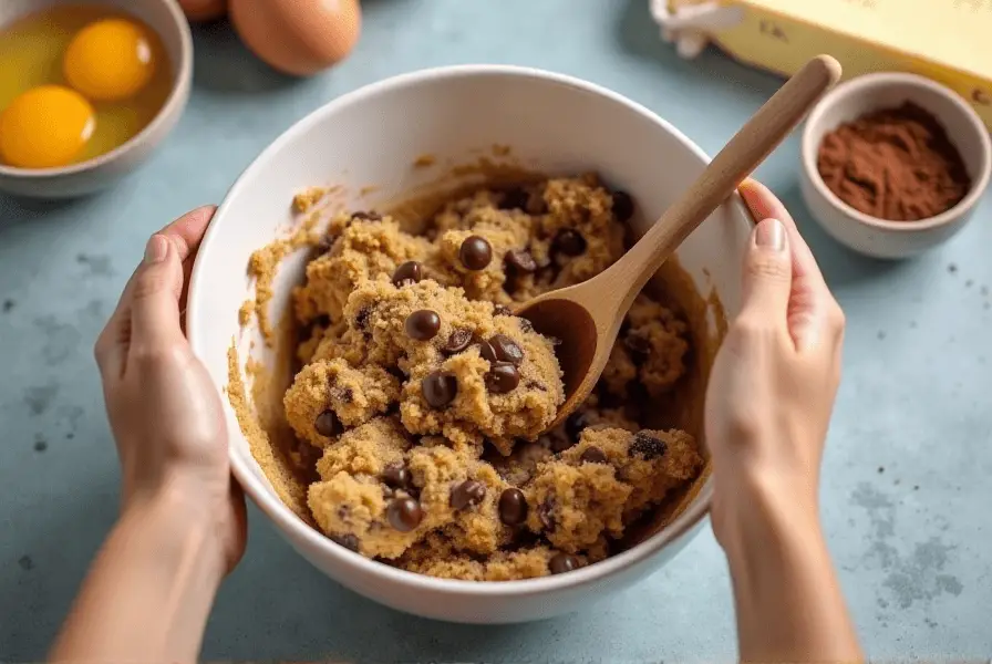 Mixing double chocolate chip cookie dough with rich ingredients