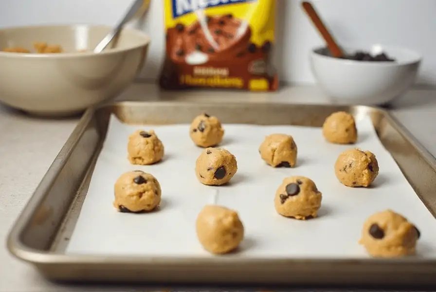Cookie dough balls on a baking tray, ready for the oven, with a bowl of dough and chocolate chips in the background.