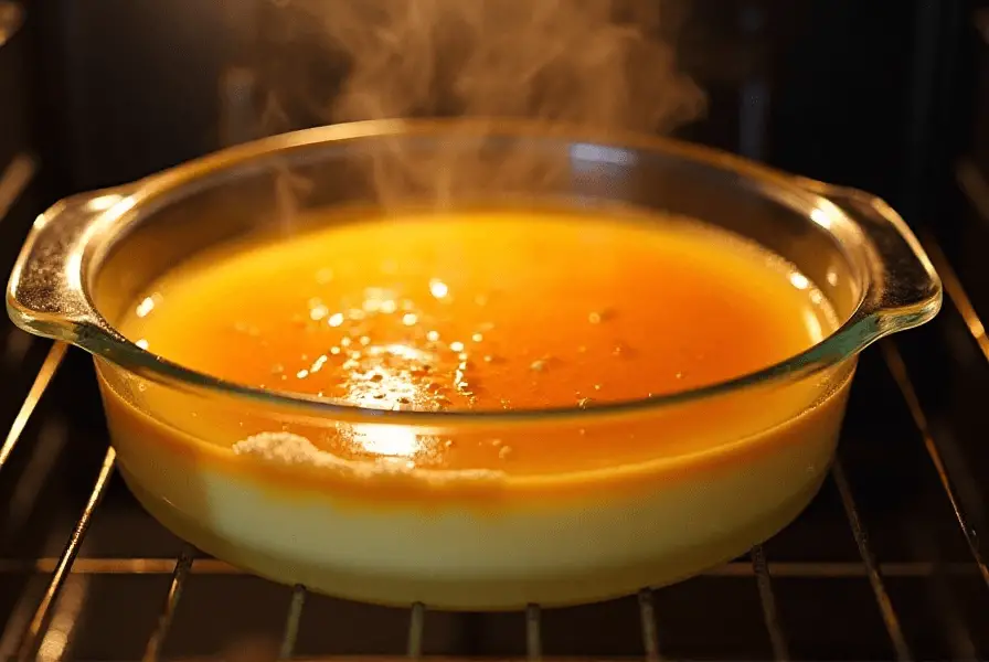 Pyrex Dish in Water Bath Baking Crème Brûlée